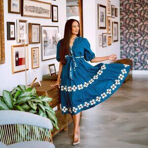 ROLLER RABBIT Valonia Embroidered Dress Mid Length Puff Sleeve XXS